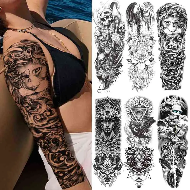 NXY tillfällig tatuering svart lejon ärm s för kvinnor män geometrisk tribal klistermärke falsk blomma skalle gud tatoos full arm 0330