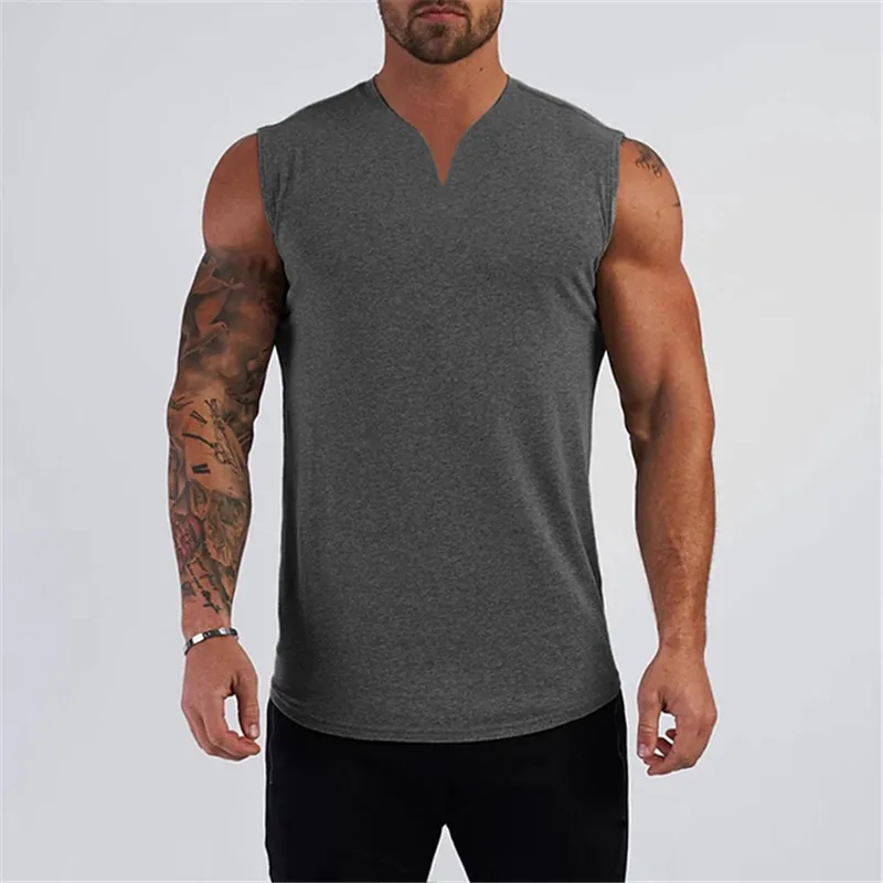 Gym Clothing v Neck Cotton Bodybuilding Tank Top Top Mens تمرين بلا أكمام قميص اللياقة البدنية للملابس الرياضية الجري العضلات المفردة 220615