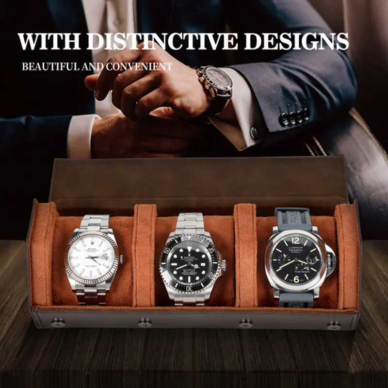 Watch Case for Men 3 -slot Watch Roll Travel Case Storage Organizer Display Excessory Taxtory Jewelry Jewelry Round Box Gift 220509