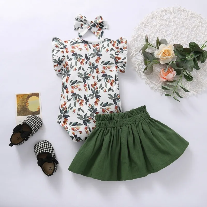 hibobi Baby Girls Bodysuit Infant Girls Clothes Set Floral Print Romper & Bowknot Decor Skirt & Headband 220425