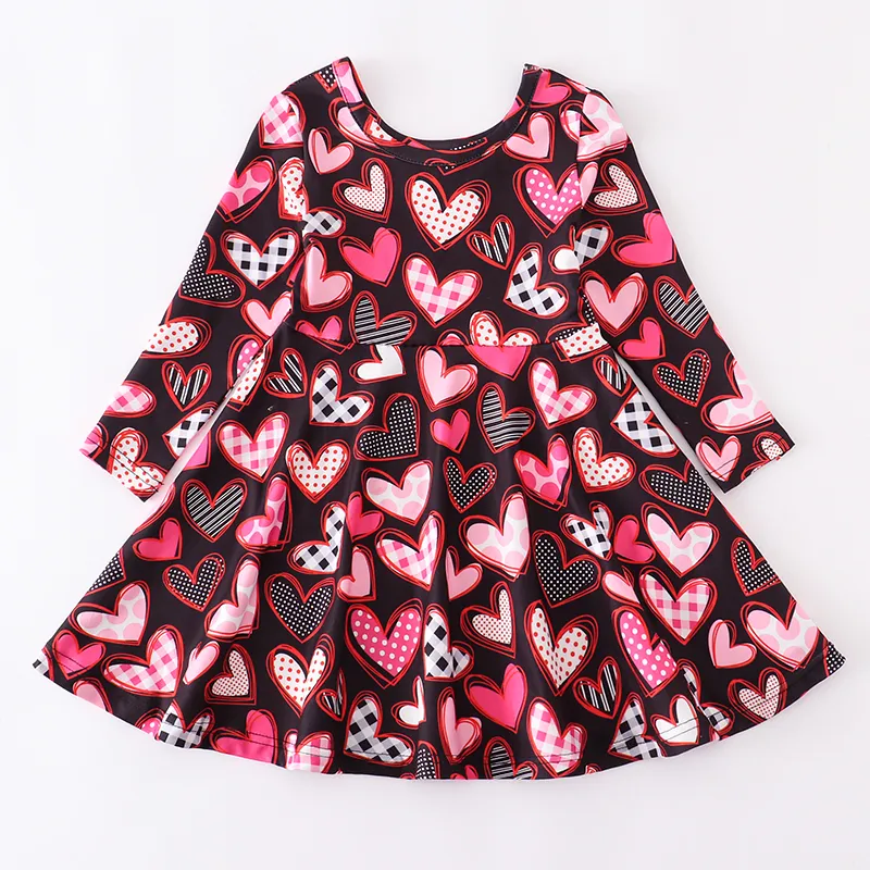 Girlymax kız bebek çocuklar giyim süt ipek aşk kalp şekli twirl elbise diz uzun kolu 220707