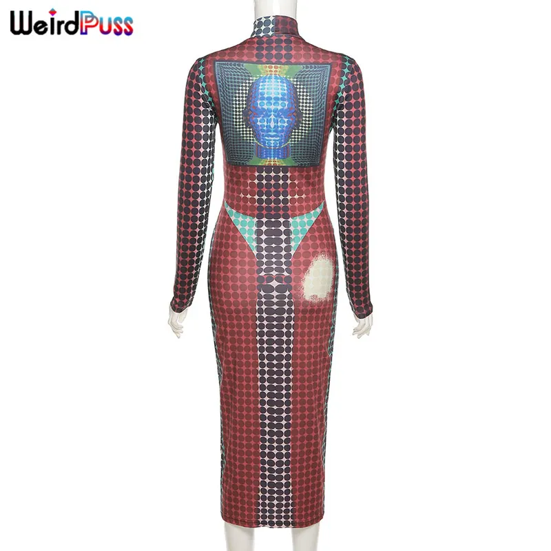 Weird Puss Contraste Tendencia Flaco Mujeres Bodycon Manga larga Estampado estético Maxi Vestido Cuello alto Fitness Elástico Slim Clubwear 220506