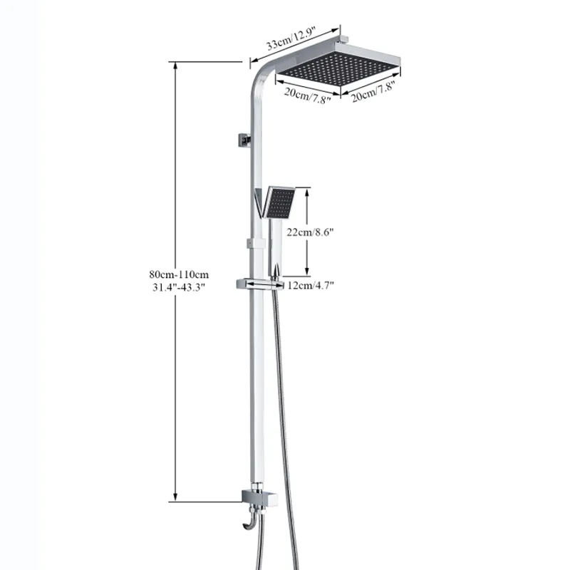 크롬 욕실 샤워 수도꼭지 세트 핸드 샤워 벽 마운트 샤워 키트 시스템 조절 가능한 슬라이드 바와 함께 강우 샤워 헤드