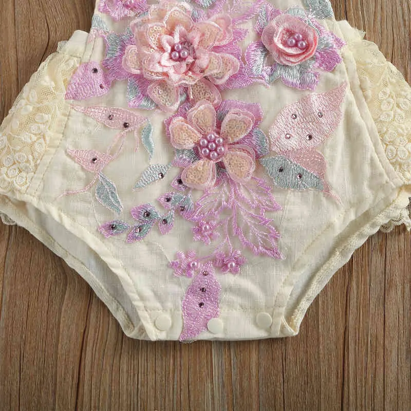 0-24M Princess Baby Girls Bodysuits Lace Flowers Print Ruffles Short Sleeve Jumpsuits Summer G220510