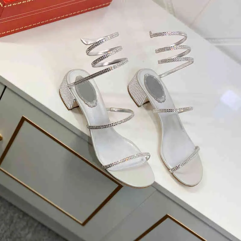 2021 Summer Rhinestone Snake-shaped Winding Thick-heeled High-heel Roman Women's Fashion Sandals AA220316