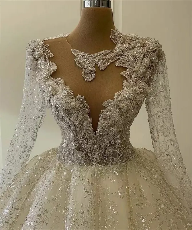 2022 Glitter Dubai Arabia Ball Gown Wedding Dresses Long Sleeves Beads Lace Appliqued Plus Size Custom Made Bridal Gowns Crystal Robe de mariee C0809