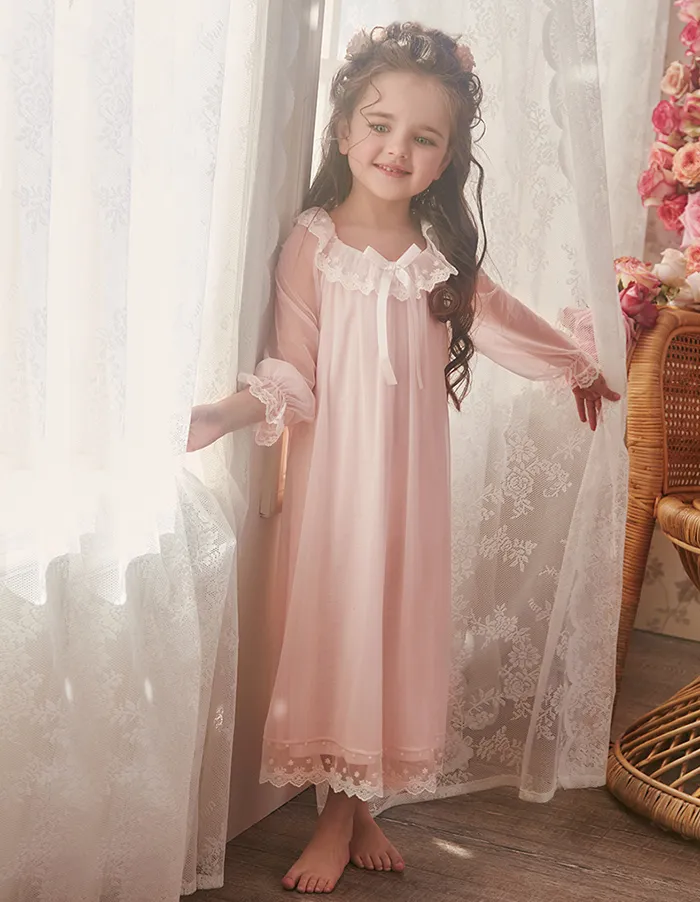 Barn flicka lolita klänning Voile Princess Sleepshirts.Lace långärmad nattklänning.