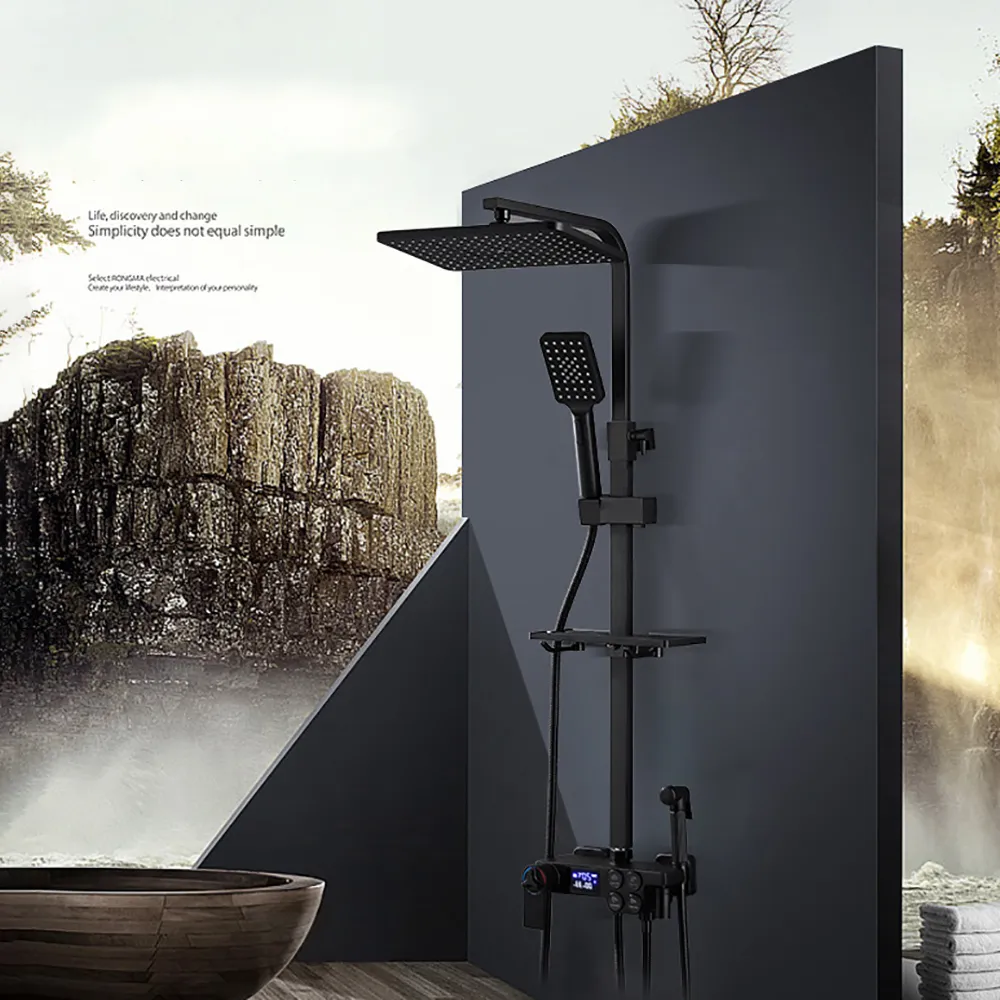 Black Thermostatic Shower Faucet Set Rainfall Big Shower Bathtub Tap With Bathroom Shelf Water Flow Produces Electricity Display