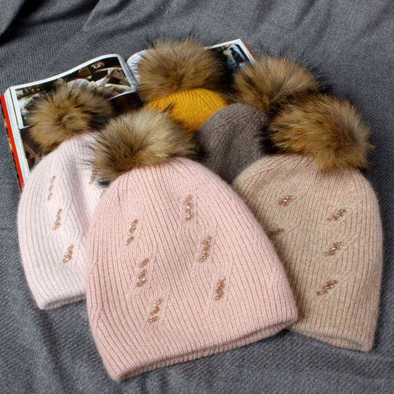 Fishrover 8 Rabbit Cashmere Unisex Woman Winter Hatt med pärlhösthattar med Pompom Cashmere Woman Warm Wool Skullies Gift J220722