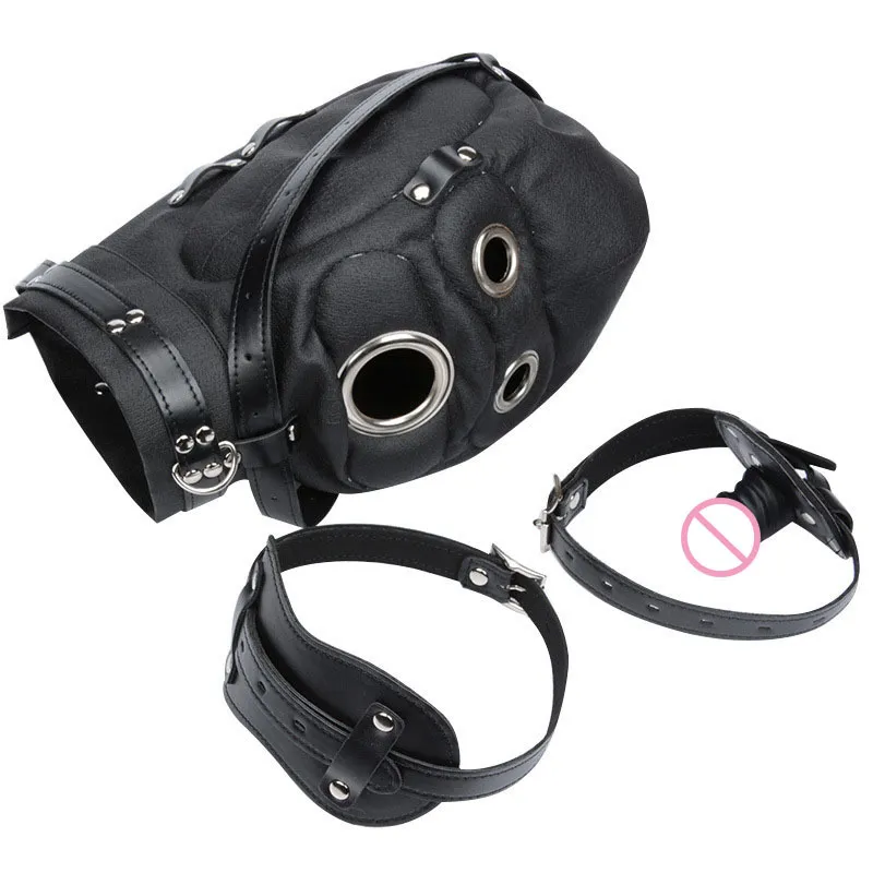 Leather Padded Hood Blindfold With Open Mouth Penis Gag Dildo Gag,BDSM Bondage Mask Slave Roleplay Adult Game sexy Toys