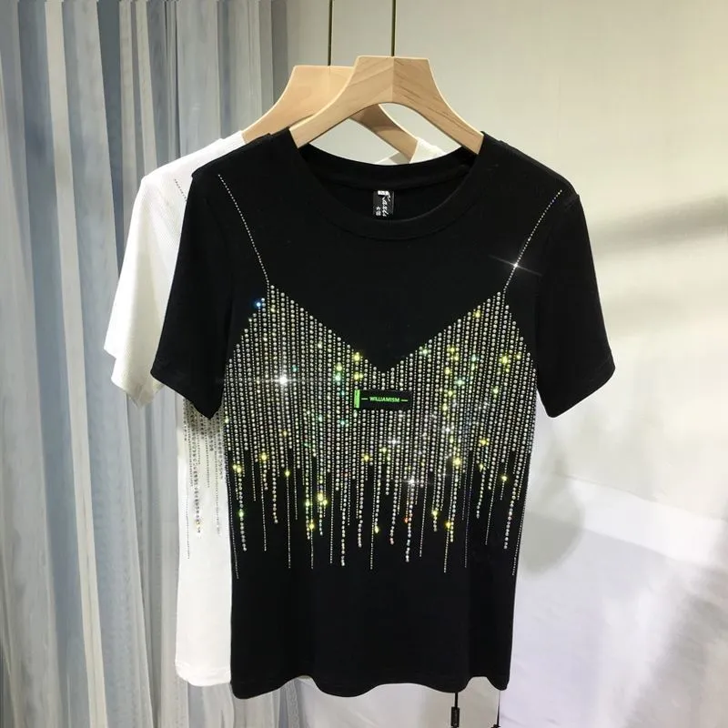 4XL Plus Size Chic Summer Diamond Short Sleeve T Shirt For Women Casual Solid Color O Neck T-shirt Ladies Streetwear Tees Top 220407