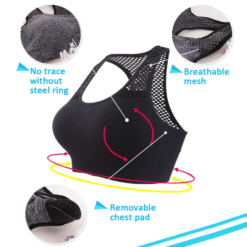 Mulheres Yoga Running Workout Sports Mesh Mesh respirável Médio suporta atividades de fitness Bras compressão de secagem rápida