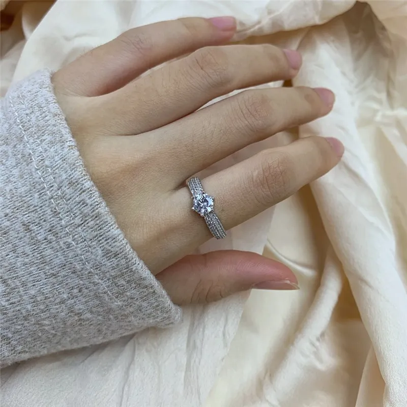 anello con diamante trasparente 1CT argento sterling 925 5A zirconi cubici principessa con anello donna fedi nuziali fidanzamento moda Lux275D