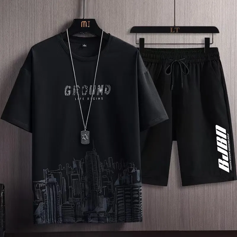 Summer Men s Tracksuit Set Fashion Casual Solid Short Sleeved T Shirt and Shorts Sport Suit Breathable Man Clothing 220718