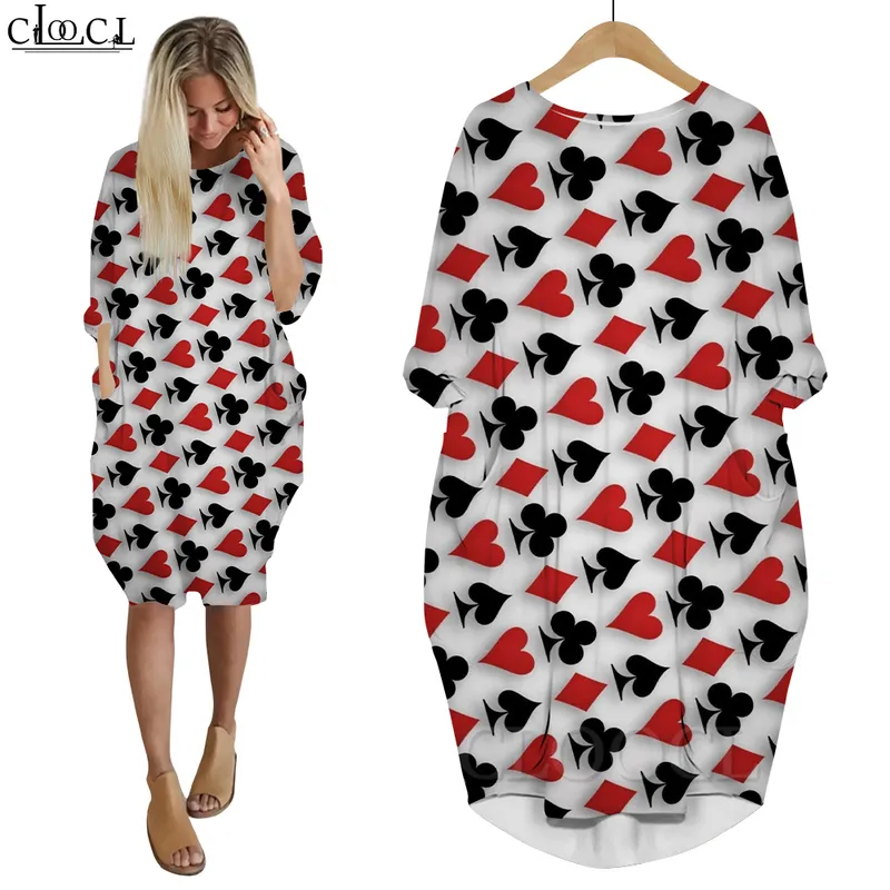 Women Dress Playing Cards 3D Graphics Loose Daughter Dresses Printed Long Sleeve Fashion Summer Gown Pocket Dress W220616