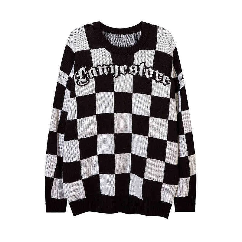 Män hiphop stickade jumper tröjor vintage checkerboard jacquard streetwear harajuku höst hipster casual lösa tröjor 2022 t220730