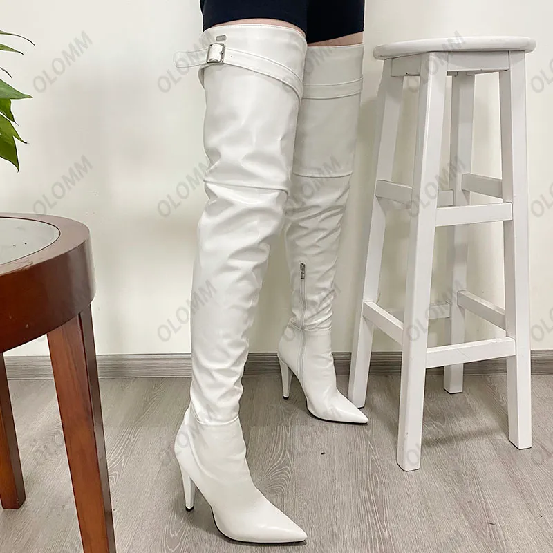 Olomm 2022 fait à la main femmes hiver cuissardes Faux cuir talons pointus bout pointu blanc fête chaussures dames grande taille 35-47