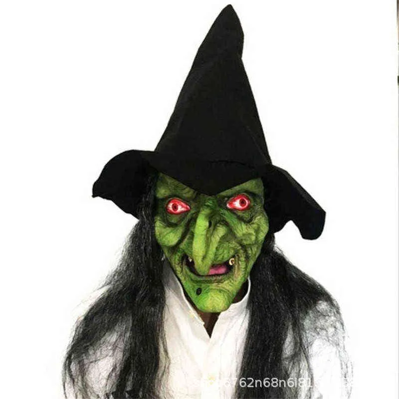 Halloween Party Horror Witch Mask with Hat Cosplay Scary Clown Hag Latex Masks Green Face Big Nose Old Women Costume Props L220530