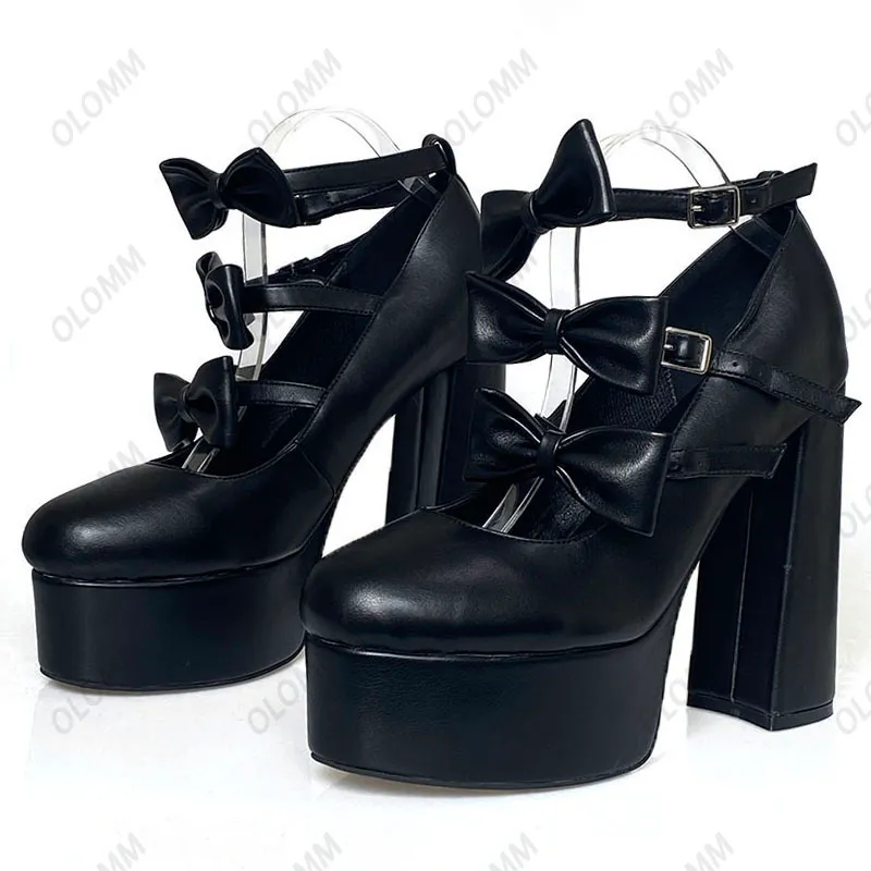 Olomm Neue Frauen Plattform Pumpen Schnalle Chunky Heels Schmetterling Knoten Runde Kappe Elegante Schwarz Nachtclub Schuhe Damen UNS Größe 5-15