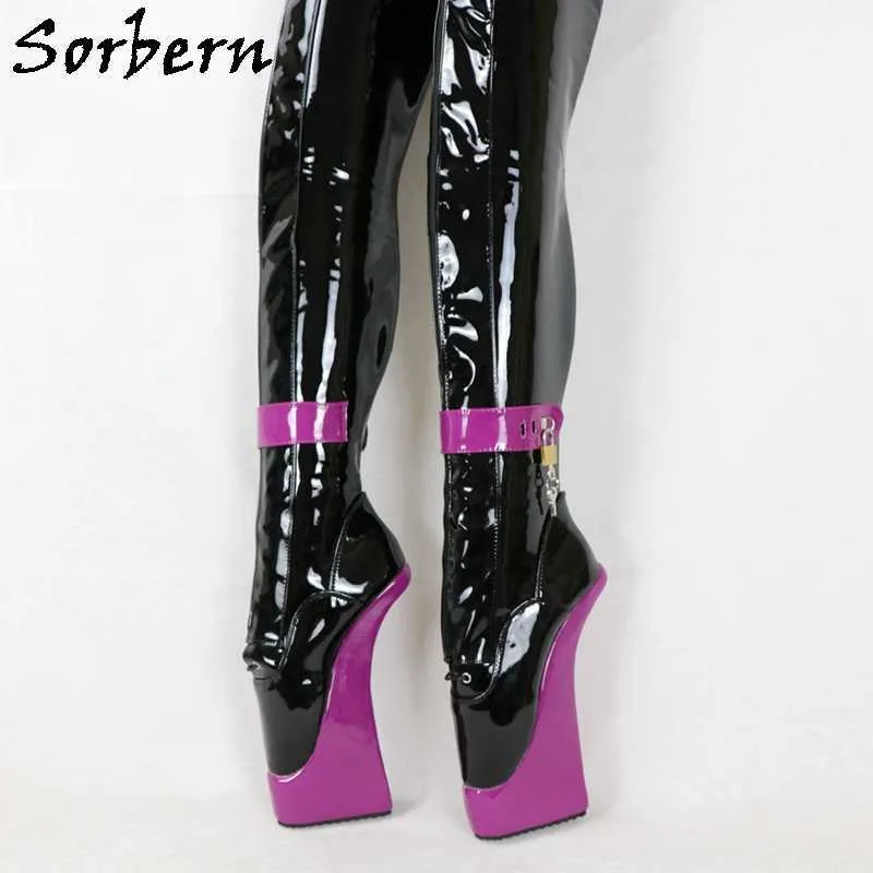 Sorbern Sexy Ballet Huf Damen Stiefel Plateaustiefel Lange Fetisch High Heels Schnallenriemen Schnürung Vorne Abschließbarer Reißverschluss Custom