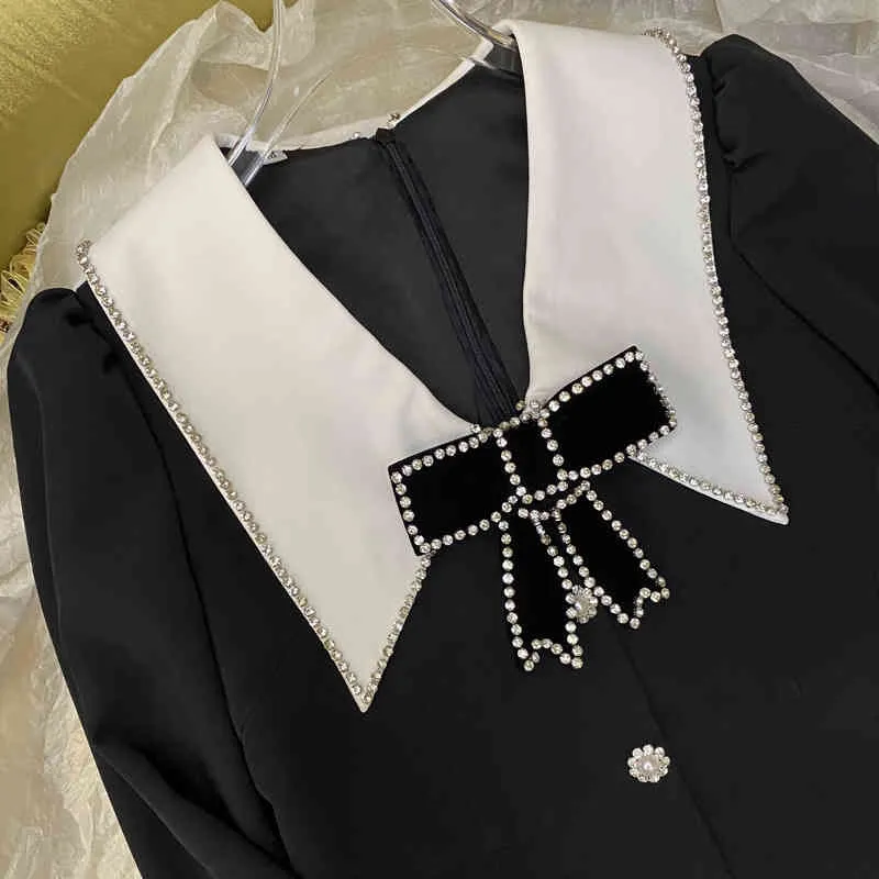 Clothing Autumn and winter 2022 new style long sleeved dress heavy industry diamond inlaid large lapel slim fitting bow small black skirt