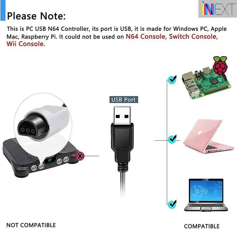 Классический N64 Проводной USB Контроллер ПК Игровая площадка Джойстик Радость Pad для Windows PC MAC Linux Raspberry Pi 3 Sega Genesis Higan Грей H220421
