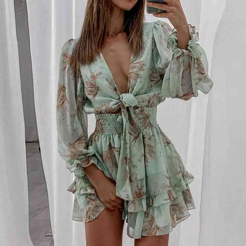 2021 femmes printemps col en V en mousseline de soie imprimer robe auto-cravate noeud avant volants robe léopard femme Sexy court une ligne fête Vestidos G220510