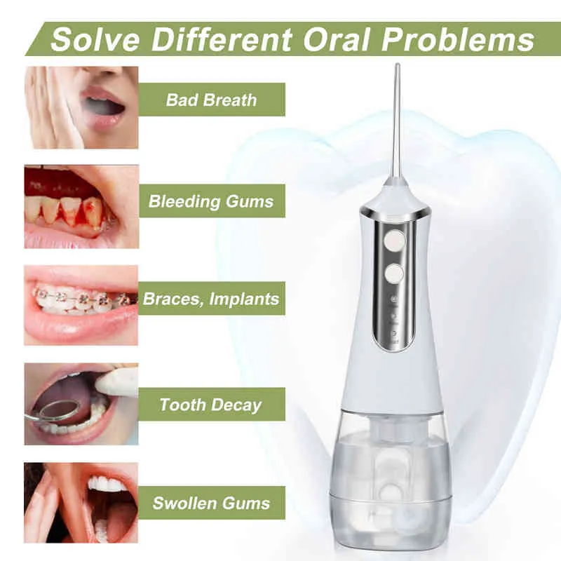 Irrigador oral de 350 ml USB Recargable Dental Flosser de agua 5 boquillas Jet IPX6 A prueba de limpiador de dientes portátil 220510