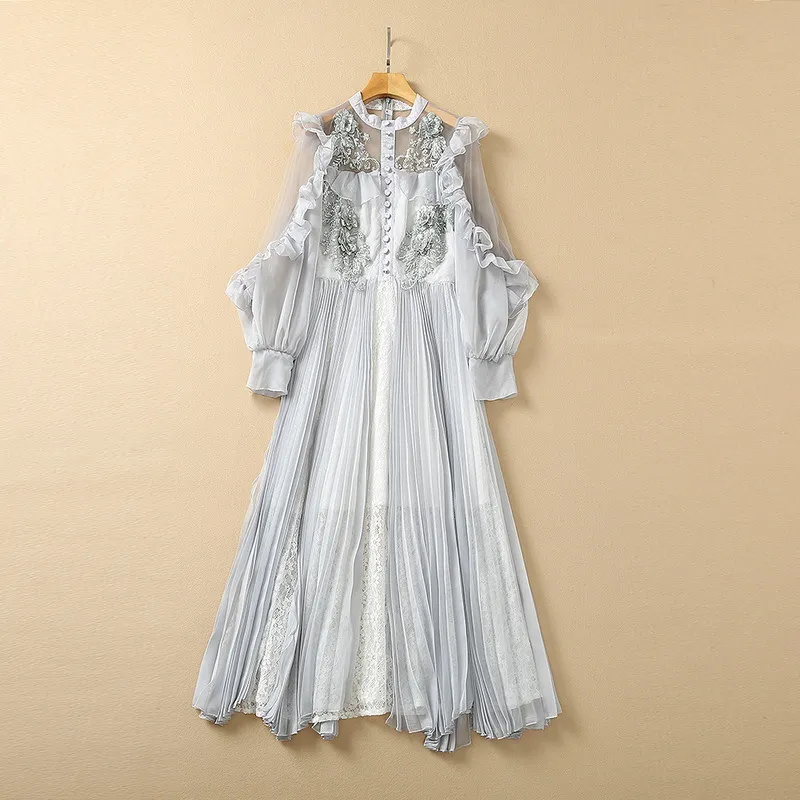 2022 Summer Off Shoulder Round Neck Grey Tulle Embroidery Beaded Ruffle Mid-Calf Dress Applique Sequins Single-Breasted Casual Dresses 22Q151638 Plus Size XXL