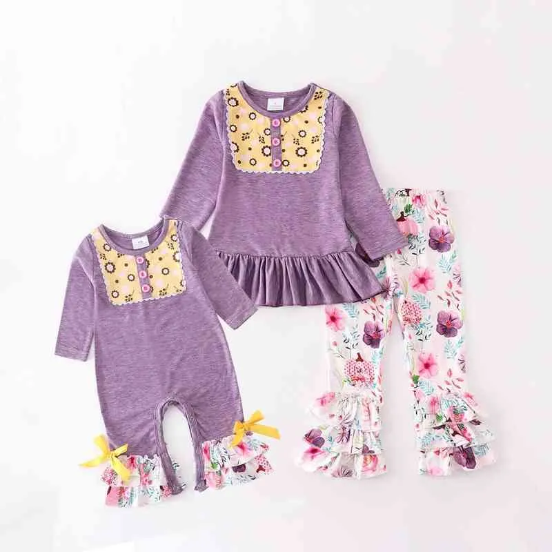 Girlymax Baby Girls Lavender Flower Floral Romper Toddler Pants Ruffles Set Boutique Sister's Wear Kids Clothing