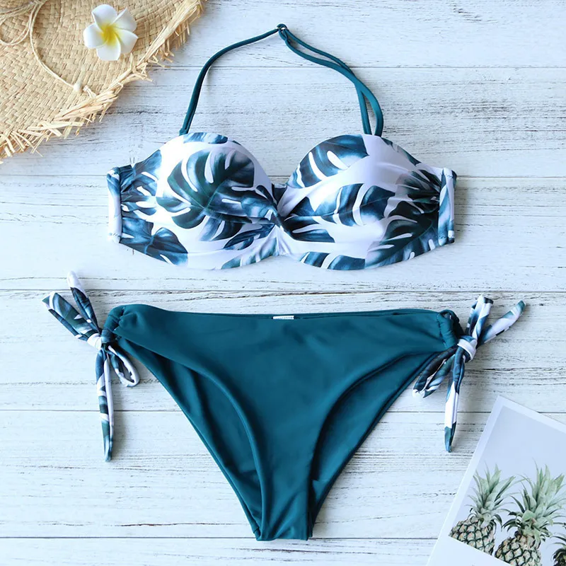 Листья Print Bikini Купальник Женщины Push Up Bikini Set Bandeau Купальники Женский Пляж Носить Купальный костюм Бразильский Biquini 220423