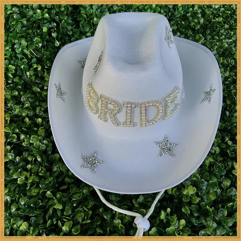 Wide Brim Hats White Diamond Fringe Bride Cowgirl Hat Mrs Cowboy Bridesmaid Gift Bridal Summer Country Western HatWide287j