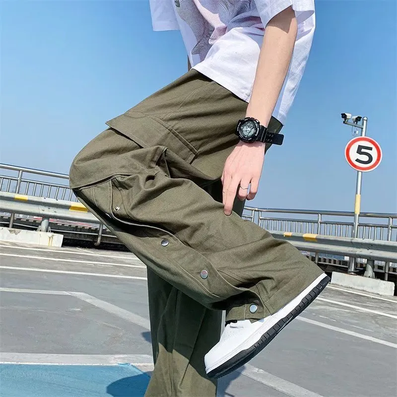 Pantalon Cargo en coton Style Harajuku pour hommes, pantalon droit décontracté, couleur unie, grandes poches, jambes larges, Design, 220809