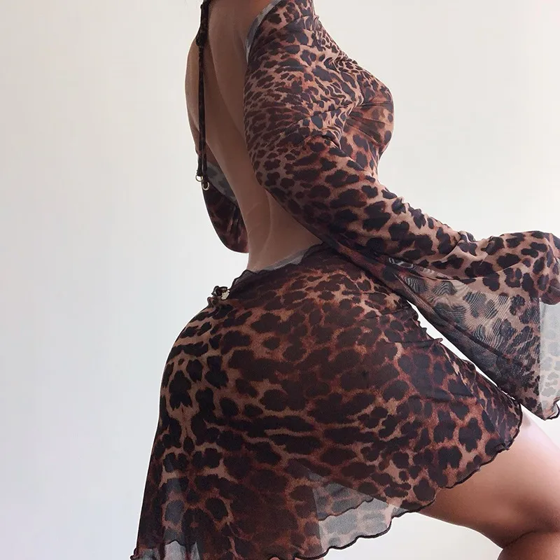 Yimunancy Leopard Drukuj sukienka Backless Women Kobiety z długim rękawem Spring Spring Halter Transpare Sexy Club Vestidos 220613