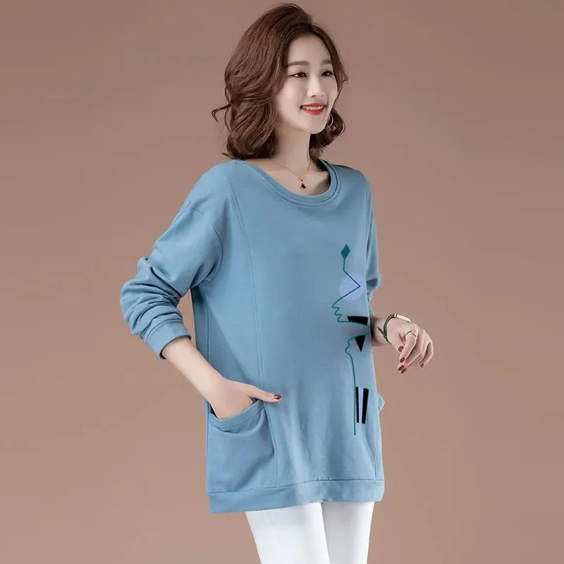 O pescoço t camisa mulher outono manga longa plus size t-shirt solto estilo coreano oversized impressão feminina 220328