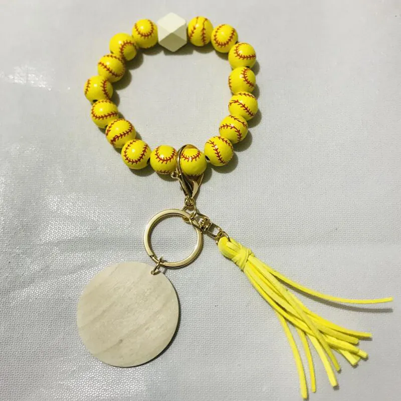 Sports Ball Beaded Bracelet Keychain Tassel Keychains Pendant Creative Football Basketball Baseball Wooden Bead Bracelets