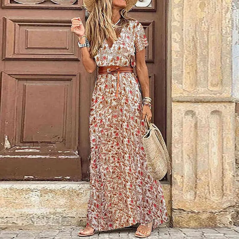 Kobiety boho długie sukienka 2022 Summer elegancki V Neck krótki rękaw Paisley Pasek Pasek Maxi Sukienki żeńskie sukienki na plaży G220510