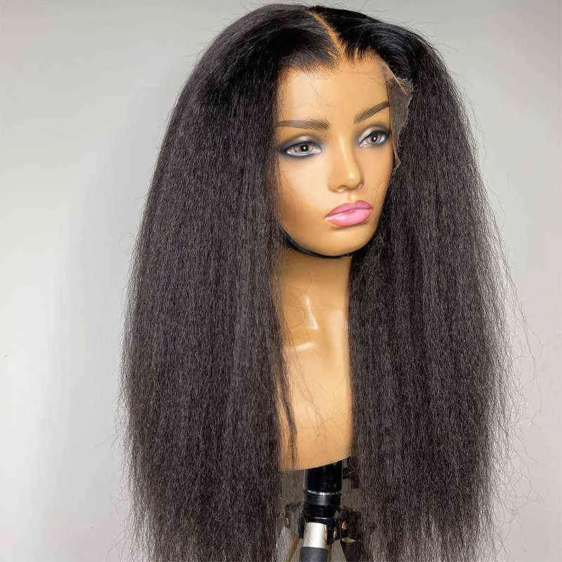 Natural Soft Black Yaki Straight Hair Wig for Women Line Kinky Long Afro Heat Resistant Fiber 220622