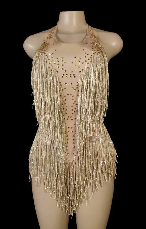 Sparkly Crystals Fringe Bodysuit Women Nightclub Party Outfit Dance Costume Onepiece Stage Wear Sexy Performance Show Leotard 220812