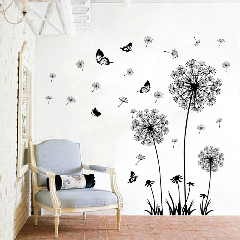 Black Dandelion Wall Sticker Butterflies on the Wall غرفة المعيشة غرفة نوم نافذة الديكور