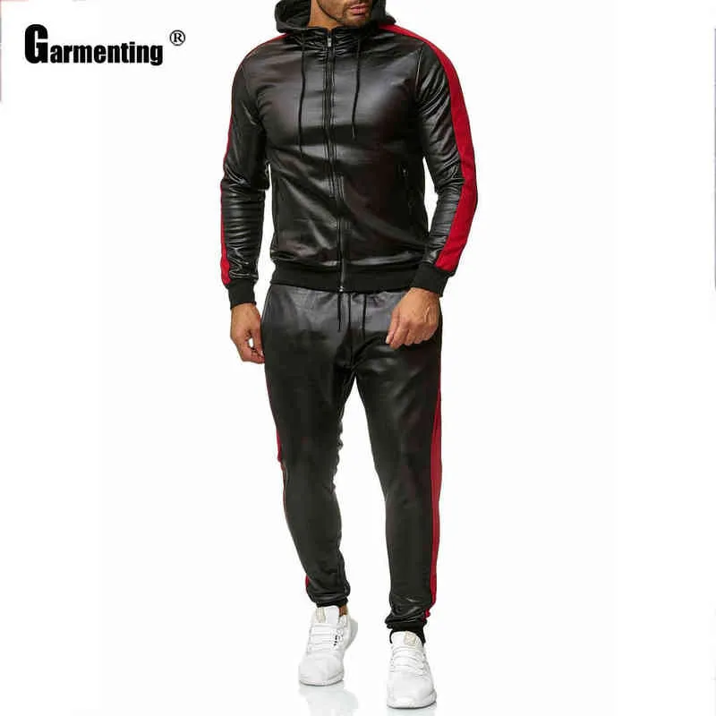 Одежда искусственная кожа кожа Men Set Punk Style New Trend 2020 Hoodie Patchwork Patchwork Men Men Men Два пьесы Ropa Hombre G1217