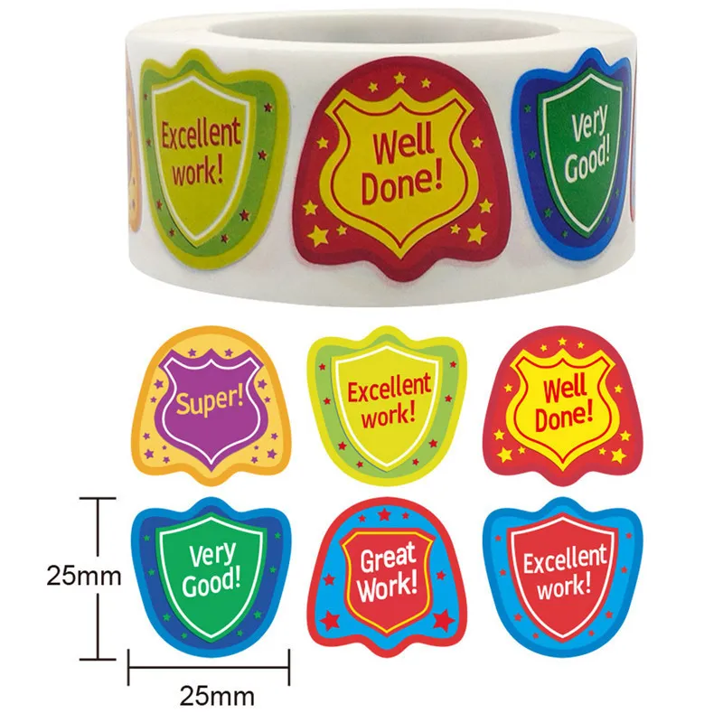 100 500 Shield shaped Crown Teacher Reward Student Sticker Children Cartoon Pattern Fun Encouragement Label Stationery Game Gift 220716