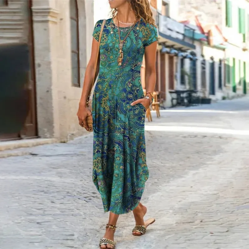 3xl plus size Women Floral Print klänning Kort ärm Summer Bohemian Long Dresses Lady Casual Loose O Neck Slim Sundress Vestidos 220521