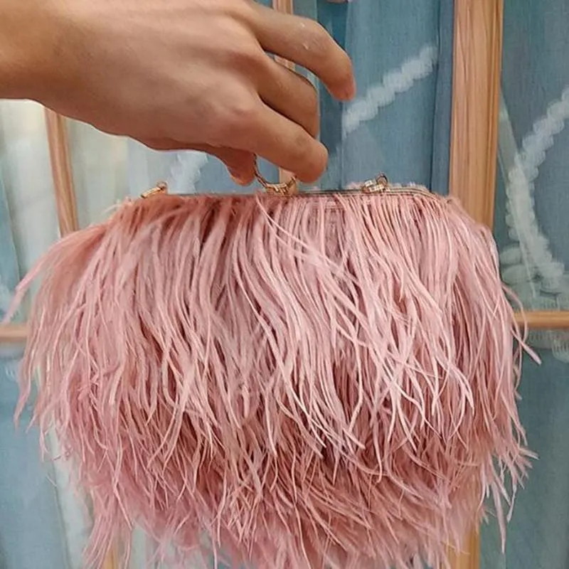 Evening Bags Luxury Ostrich Feather Party Clutch Bag Women Wedding Purses And Handbags Small Shoulder Chain Designer BagEvening264v
