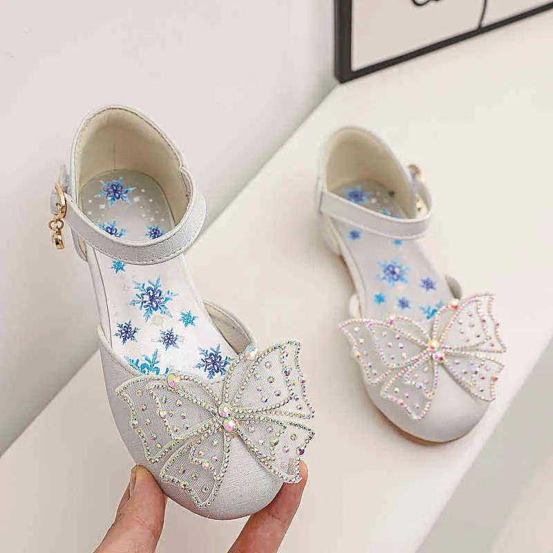 Children'S Summer School Shoes For Girls Princess Leather Sandals Kids Fashion Rhinestone Bow Sandals 2021 3 5 7 8 9 10 12 Year G220523