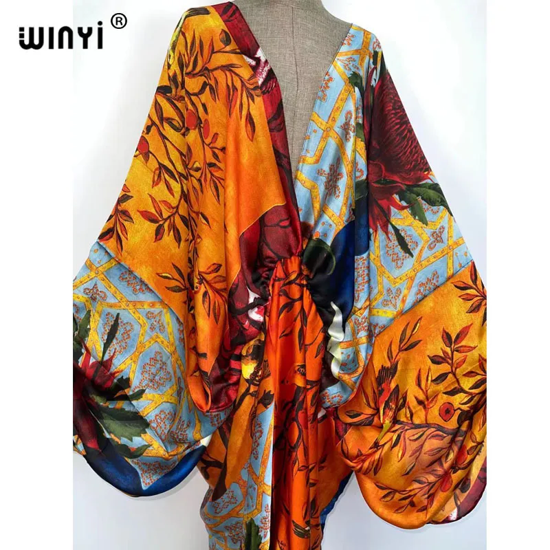 Seksowny BECH Wysokiej jakości ręcznie walcowane Silk Rayon Fashion Drukuj Winyi Maxi Damskie szaty Długie Plaża V-Neck Czeski Dress 220402