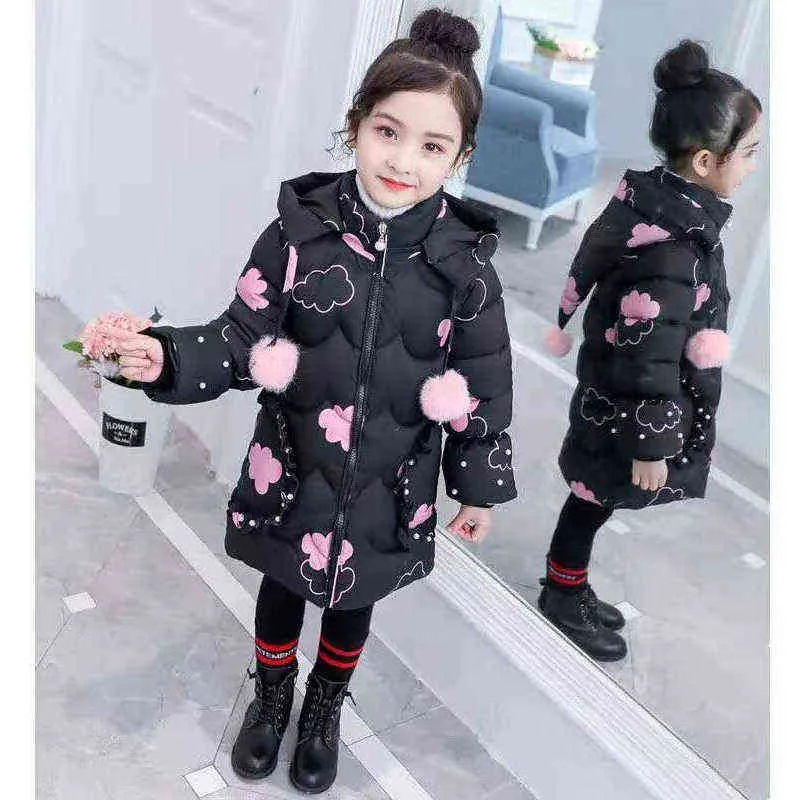 2022 Winter Thick Keep Warm Girls Jacket Cartoon Clouds Plush Collar Hooded Outerwear For Girl Children Birthday Gift J220718