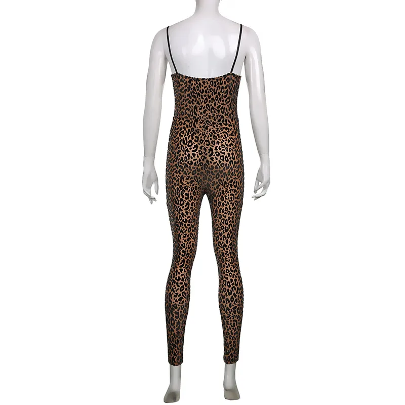 CIBBAR Leopard Print Dünne Leibchen Overall Frauen Mesh Beflockung Niedrigen Brust Ärmellose Sexy Bodycon Clubwear Overalls 220620