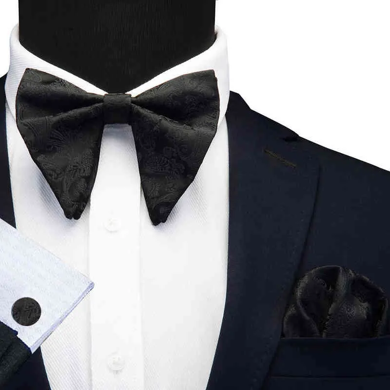 Gusleson New Fashion Paisley Big Bows For Men Women Groom Wedding Bow Tie Pocket Square Cufflinks Solid Gravatas Black Tie L220728