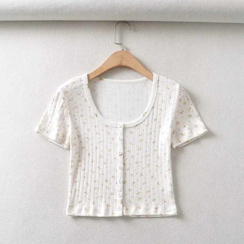 Harajuku 70s Vintage O neck Floral Short Sleeve Tee Base T-shirts Summer Girl Single-breasted Button T-shirt crop top 220321